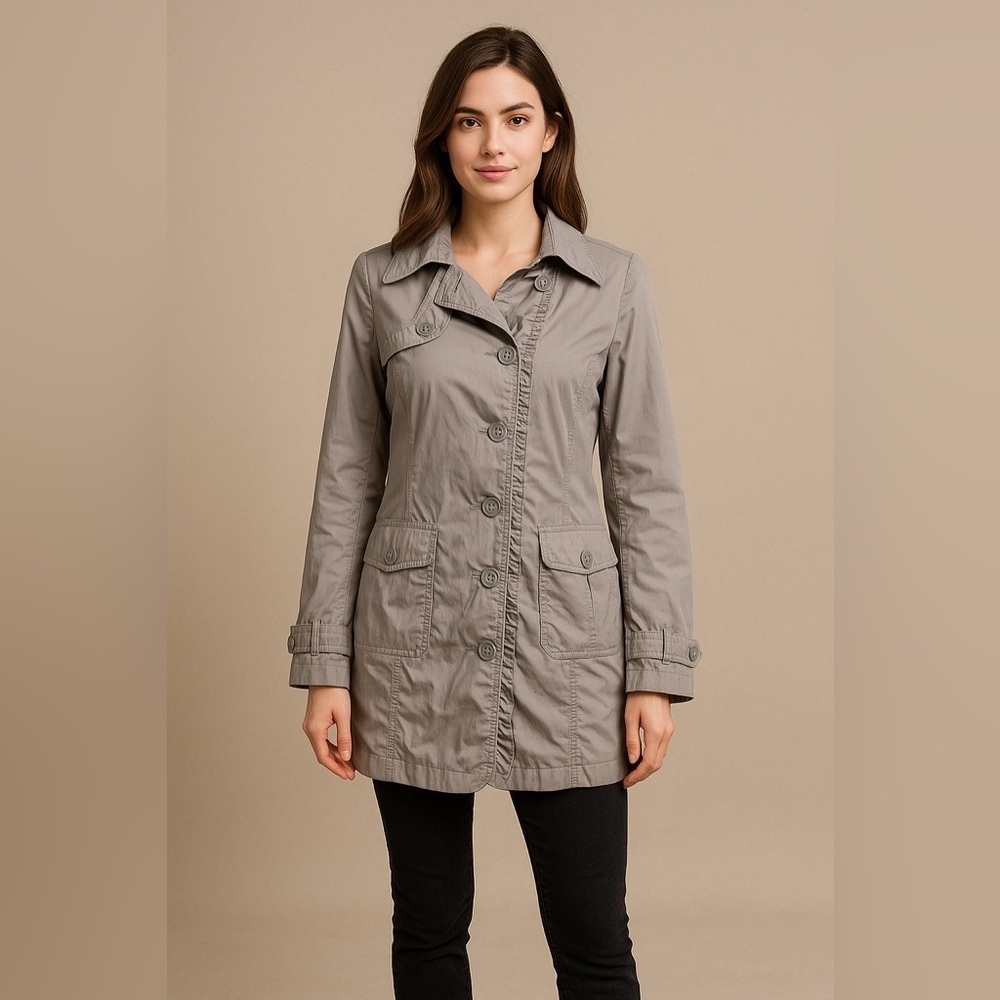 Vintage JouJou Gray Trench Coat Women’s M | Y2K Ruffle Button Up Retro Preppy